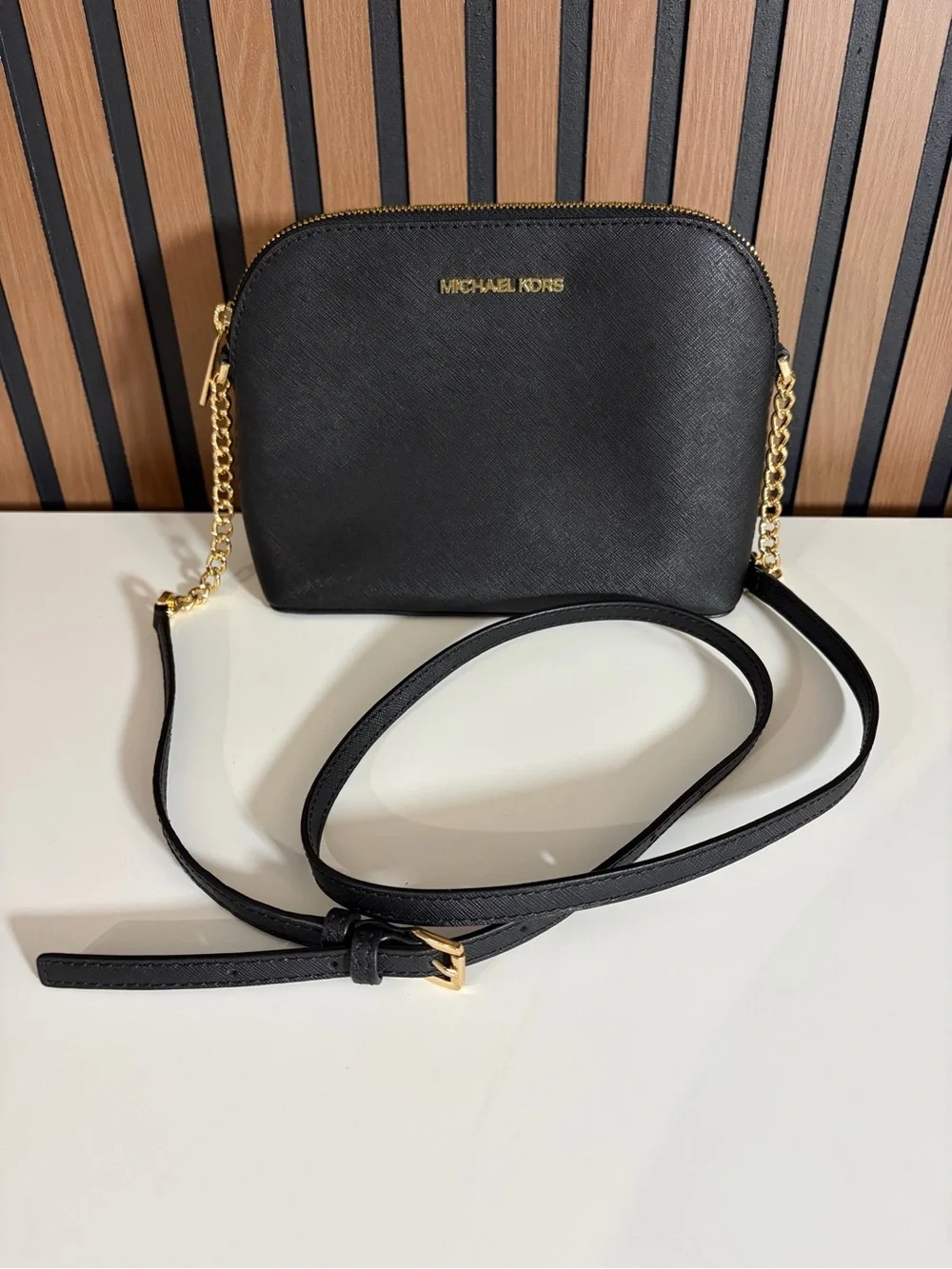 Michael Kors Black Saffiano Dome Crossbody with Gold Logo